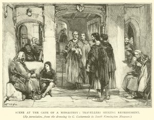Scen vid porten till ett kloster, resenärer som söker förfriskningar av after George Cattermole