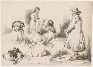 Studier av barn (två små flickor); Två hundar; En man av after George Morland
