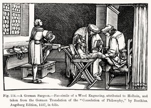 En tysk kirurg, från Consolation of Philosophy av Boethius, illustration från vetenskap och litteratur under medeltiden och renässansen, skriven och graverad av Paul Lacroix, 1878 (bw ph)