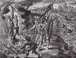 Spanjorernas hämnd för Ayolas död, från Gottfrieds Historia Antipodum, pub. år 1655, från The Romance of the River Plate, Vol. I, av W. H. Koebel, 1914