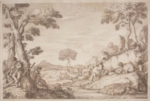 En pastoral resa med en pojke som spelar sin flöjt vid ett träd av after Giovanni Benedetto Castiglione Gaetano Zompini