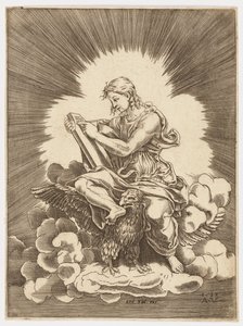 Saint John, skriver, sittande på en örn
