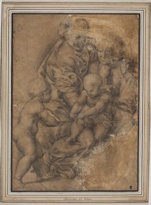 Den heliga familjen med spädbarnet Johannes döparen. Efter Giulio Romanos Madonna della Gatta