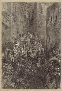 Tjurfäktning vid Bayonne, kavalkaden fortsätter till arenan på Place de Saint-Esprit av Gustave after Dore