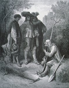 Illustration för The Old Man and the Three Young Men, från Fables av Jean de La Fontaine (1621-95) av Gustave after Dore