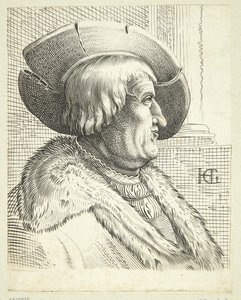 Fantasy porträtt av gammal man med hatt i profil av after Hendrick Goltzius