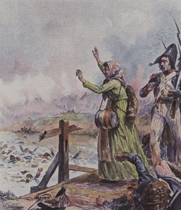 En fransk cantiniere som ser sin man bland en grupp drunknande soldater i slaget vid Arcole, Italien, 1796