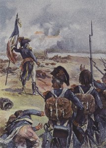 General Augereau planterar flaggan för 1:a bataljonen av 99:e regementet framför deras linjer i slaget vid Arcole, Italien, 1796