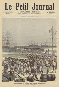 Senegalesiska trupper går i land vid den nya kajen i Cotonou, Dahomey av after Henri Meyer
