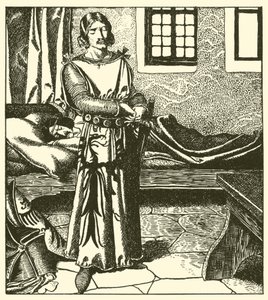 Sir Launcelot tar Sir Kays rustning av after Howard Pyle