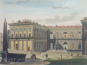 Innergård i Palazzo Pitti, Florens, graverad av Johann Falkeisen (1804-83) och färglagd av L. Cherbuin, ca 1842 (akvatint) av after Italian School