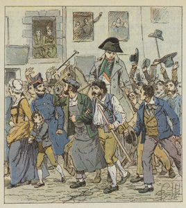 När han återvände från ön Elba, mottogs kejsaren i Faubourg Saint-Antoine med oöverträffad entusiasm. av after Louis Charles Bombled