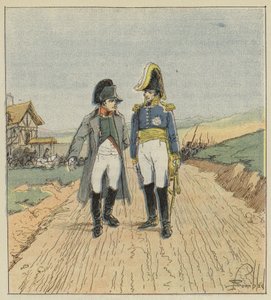 På väg till ön Elba möter Napoleon Augereau av after Louis Charles Bombled