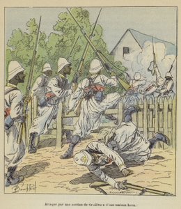 Attack av en del skärmytslingar på ett hovahus av after Louis Charles Bombled