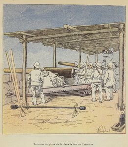 Batterier om 14 stycken i fortet Tamatave av after Louis Charles Bombled