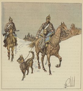 Preussiska ryttare i spaning, föregås av hundar hållna i koppel av after Louis Charles Bombled
