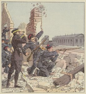 Försvar av Tien-Tsin-stationen av marinsoldater av after Louis Charles Bombled