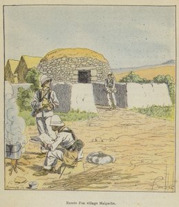Ingången till en madagaskisk by av after Louis Charles Bombled