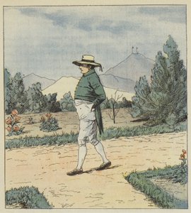 Kejsaren har nått trädgården där han har gjort några varv, ensam av after Louis Charles Bombled
