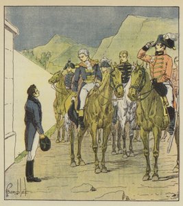 Amiral Taylor, med en stor stab, presenterar sig i Longwood för att träffa kejsaren av after Louis Charles Bombled