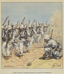 Den 40:e bataljonen av chassörer marscherar i trupp mot Tsarasaotra av after Louis Charles Bombled