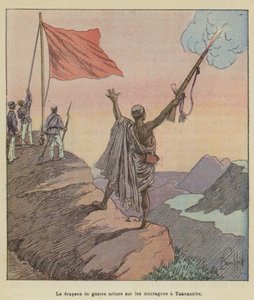Krigsflaggan vajar över bergen i Tananarive av after Louis Charles Bombled