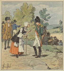 Napoleon pratar med en gammal kvinna från Tarare av after Louis Charles Bombled
