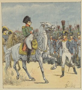 Napoleon utmanas vid paraden av en löjtnant av after Louis Charles Bombled