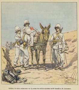 Soldater från tåget plockar upp de utmattade soldaterna från 40:e Chasseurbataljonen på vägen av after Louis Charles Bombled