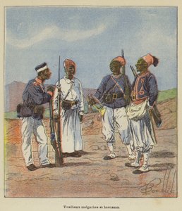 Malagasy och Hausa skärmytslingar av after Louis Charles Bombled