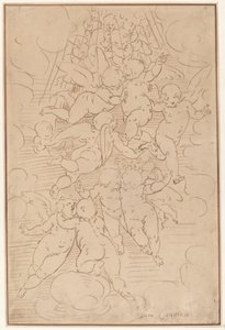 En grupp änglar i ära av after Luca Cambiaso Italian 17th Century