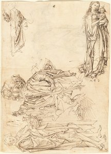 Sankt Christopher, Sankt Johannes Döparen, Jungfrun och barnet och Kristus välsignelse (recto) av after Martin Schongauer Master of the Drapery Studies