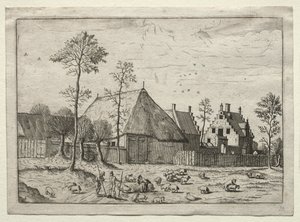 Utsikt över byar i Brabant och Campine: Herdar med flock av after Master of the Small Landscapes