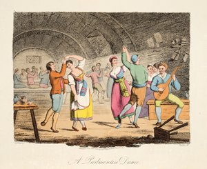 En piemontesisk dans, från italienskt landskap, som föreställer seder, seder och nöjen i de olika staterna i Italien, pub. 1806 (handfärgad gravyr)