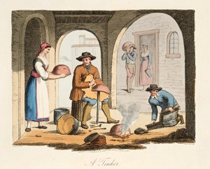 En resande tinker, från italienskt landskap, som representerar seder, seder och nöjen i de olika staterna i Italien, pub. 1806 (handfärgad gravyr)