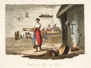 Interiör av ett hus på Fondi, från italienskt landskap, som representerar seder, seder och nöjen i de olika staterna i Italien, pub. 1806 (handfärgad gravyr)