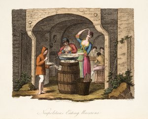 Neapolitaner som äter makaroner, från italienskt landskap, som representerar seder, seder och nöjen i de olika staterna i Italien, pub. 1806 (handfärgad gravyr)