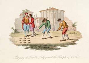 Spelar på Bumble Puppy och Temple of Vest, från Italian Scenery, som representerar seder, seder och nöjen i de olika staterna i Italien, pub. 1806 (handfärgad gravyr)