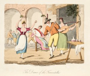 The Dance of the Tarantella, från Italian Scenery, som representerar seder, seder och nöjen i de olika staterna i Italien, pub. 1806 (handfärgad gravyr)