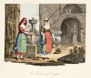 Fontänen i Capua, från italienskt landskap, som representerar seder, seder och nöjen i de olika staterna i Italien, pub. 1806 (handfärgad gravyr)