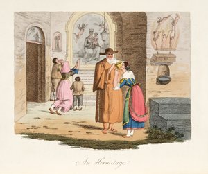Eremitaget i Capua, från italienskt landskap, som representerar seder, seder och nöjen i de olika staterna i Italien, pub. 1806 (handfärgad gravyr)