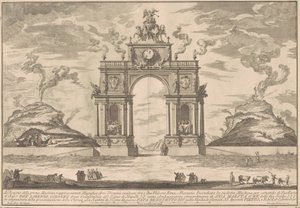 Prima Macchina för Kina 1756: En triumfbåge mellan Etna och Vesuvius av after Paolo Posi Giuseppe Pozzi
