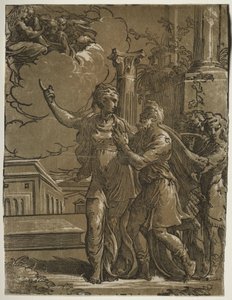 Tiburtinska Sibylla och kejsar Augustus av after Parmigianino