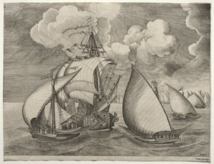 Segelfartyg: En flotta av galärer eskorterad av en karavell av after Pieter Bruegel