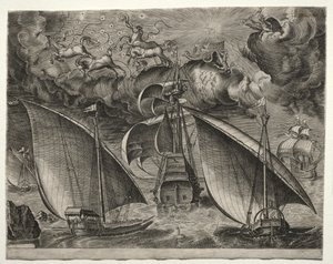 Segelfartyg: Två galärer som seglar bakom en beväpnad tremästare med Phaeton och Jupiter i himlen av after Pieter Bruegel