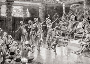 Ett 1800-talskonstnärsintryck av Gautamiputra Satakarani som firar sin seger över Nahapana, från Hutchinsons History of the Nations, pub.1915