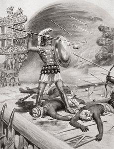 Alexander den store slåss mot Assacani i den befästa staden Massaga, Indien under sin indiska kampanj 326 f.Kr., från Hutchinsons History of the Nations, pub.1915