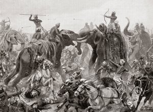 Pulakeshin Chalukhyas nederlag av Narasimhavarman I vid Badami 642 AD, från Hutchinsons History of the Nations, pub.1915