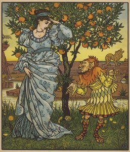 Den gula dvärgen räddar prinsessan från lejonen av after Walter Crane