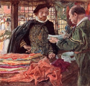 Shakespeare på en Mercers för att köpa sig en av de nya fallande kragarna som ersätter ruffarna